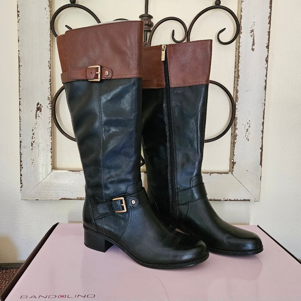 BANDOLINO - Brand New  Women`s Black and Cognac Leather Riding Boots 8M